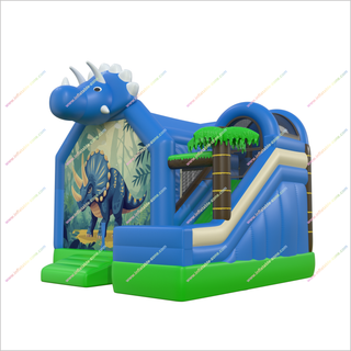 Blue Dinosaur Bounce House Slide Commercial Inflatable Combo Blow Up Triceratops Bouncy Castle With Slide For Sale