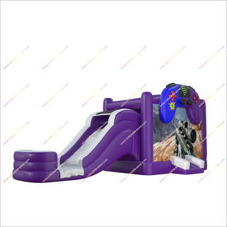 Game Themed Jump Castle Water Slide Purple Color Combo Bounce House With A Water Slide Inflatable Party Rental - Inflatable-Zone