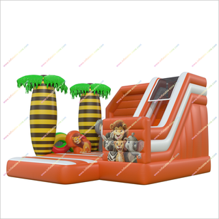 Orange Jungle Bounce And Slide Combo Animal Commercial Soft Play Equipment Inflatable Bouncer With Slide