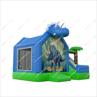 Blue Dinosaur Bounce House Slide Commercial Inflatable Combo Blow Up Triceratops Bouncy Castle With Slide For Sale