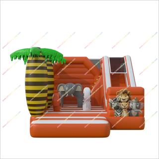 Orange Jungle Bounce And Slide Combo Animal Commercial Soft Play Equipment Inflatable Bouncer With Slide