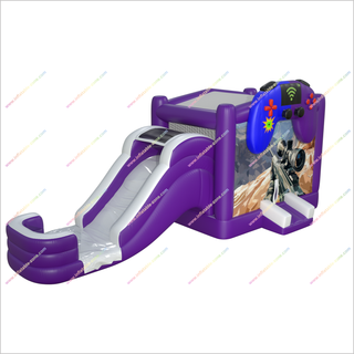 Game Themed Jump Castle Water Slide Purple Color Combo Bounce House With A Water Slide Inflatable Party Rental - Inflatable-Zone