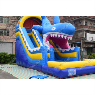 Fun Giant Inflatable Shark Water Slide Outdoor Commercial Large Bouncy Waterslide With Pool Playground Equipment