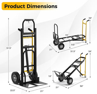 Convertible Hand Truck, 3-in-1 Metal Dolly Cart with 4 Rubber Wheels, 1000 lbs Max Load Capacity, Heavy-Duty Industrial Collapsible Cart