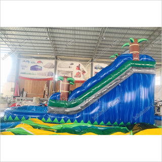 Blue Palm Tree Inflatable Water Slide Inflatable Bouncer Tropical Jumping Castle Waterslide With Small Pool