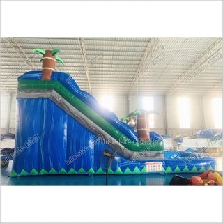 Blue Palm Tree Inflatable Water Slide Inflatable Bouncer Tropical Jumping Castle Waterslide With Small Pool