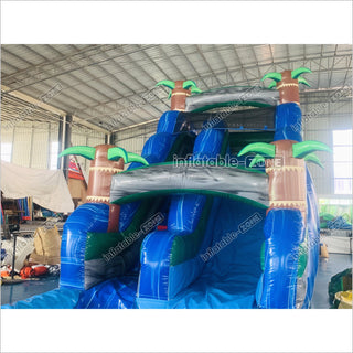 Blue Palm Tree Inflatable Water Slide Inflatable Bouncer Tropical Jumping Castle Waterslide With Small Pool