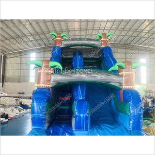 Blue Palm Tree Inflatable Water Slide Inflatable Bouncer Tropical Jumping Castle Waterslide With Small Pool