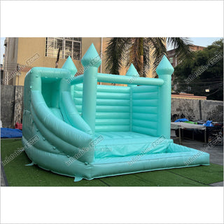 Mint Green Bouncy Castle With Slide Combo Happy Jump Inflatables Fun In The Sun Bounce House