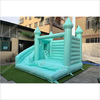 Mint Green Bouncy Castle With Slide Combo Happy Jump Inflatables Fun In The Sun Bounce House