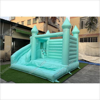 Mint Green Bouncy Castle With Slide Combo Happy Jump Inflatables Fun In The Sun Bounce House