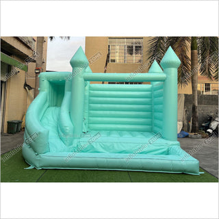 Mint Green Bouncy Castle With Slide Combo Happy Jump Inflatables Fun In The Sun Bounce House