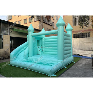 Mint Green Bouncy Castle With Slide Combo Happy Jump Inflatables Fun In The Sun Bounce House