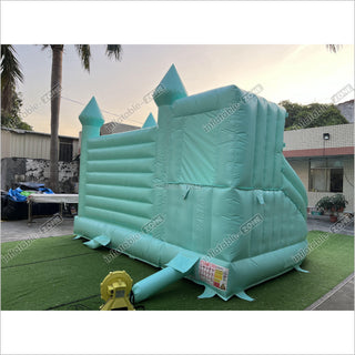 Mint Green Bouncy Castle With Slide Combo Happy Jump Inflatables Fun In The Sun Bounce House