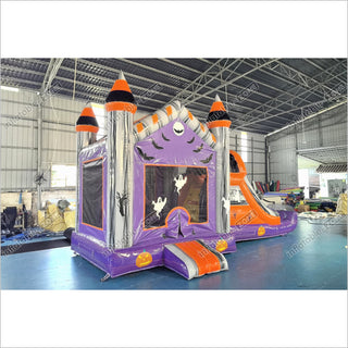 Bounce House Halloween Happy Hop Inflatable Slide Ghost On Pumpkin Bouncy Castle Slide Combo For Sale