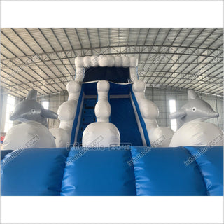 Blue Dolphin Wave Commercial Inflatable Slide Ocean Style Single Lane Slide Bouncy And Fun Party