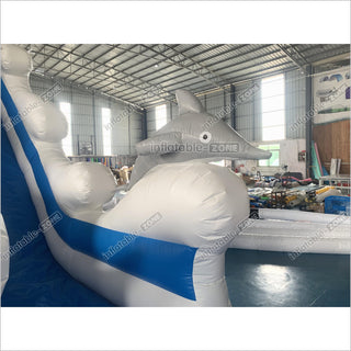 Blue Dolphin Wave Commercial Inflatable Slide Ocean Style Single Lane Slide Bouncy And Fun Party