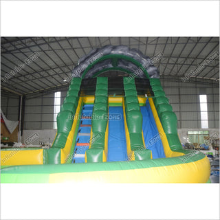 Green Marble Wave Curve Inflatable Water Slide Large Inflatable Water Park Theme With Dual Lane Water Slide