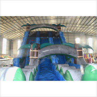 Extra Long Blue Double Splash Water Slide Inflatable Big Jumping Castle Palm Tree Slip And Slide With Pool