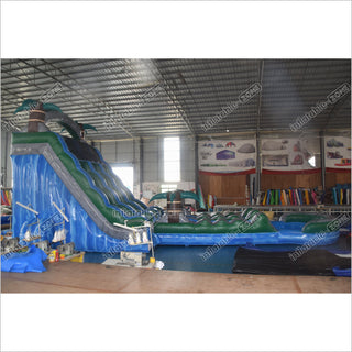 Extra Long Blue Double Splash Water Slide Inflatable Big Jumping Castle Palm Tree Slip And Slide With Pool