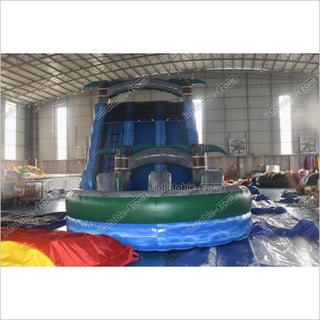 Extra Long Blue Double Splash Water Slide Inflatable Big Jumping Castle Palm Tree Slip And Slide With Pool