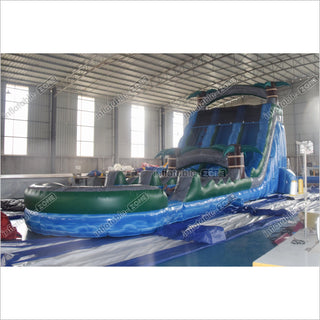 Extra Long Blue Double Splash Water Slide Inflatable Big Jumping Castle Palm Tree Slip And Slide With Pool