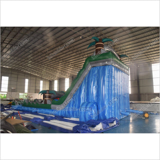 Extra Long Blue Double Splash Water Slide Inflatable Big Jumping Castle Palm Tree Slip And Slide With Pool