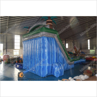 Extra Long Blue Double Splash Water Slide Inflatable Big Jumping Castle Palm Tree Slip And Slide With Pool