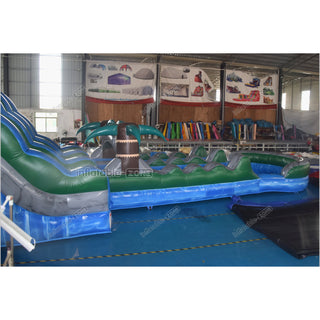 Extra Long Blue Double Splash Water Slide Inflatable Big Jumping Castle Palm Tree Slip And Slide With Pool