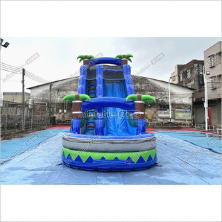 Outdoor Giant Inflatable Bouncy Waterslide Tropical Palm Tree Single Lane Water Slide With Swimming Pool Jumper