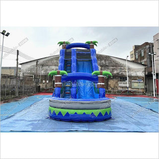 Outdoor Giant Inflatable Bouncy Waterslide Tropical Palm Tree Single Lane Water Slide With Swimming Pool Jumper