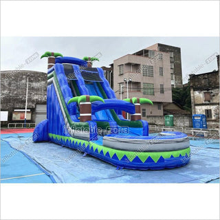 Outdoor Giant Inflatable Bouncy Waterslide Tropical Palm Tree Single Lane Water Slide With Swimming Pool Jumper