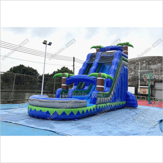 Outdoor Giant Inflatable Bouncy Waterslide Tropical Palm Tree Single Lane Water Slide With Swimming Pool Jumper