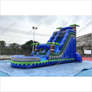 Outdoor Giant Inflatable Bouncy Waterslide Tropical Palm Tree Single Lane Water Slide With Swimming Pool Jumper