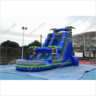 Outdoor Giant Inflatable Bouncy Waterslide Tropical Palm Tree Single Lane Water Slide With Swimming Pool Jumper