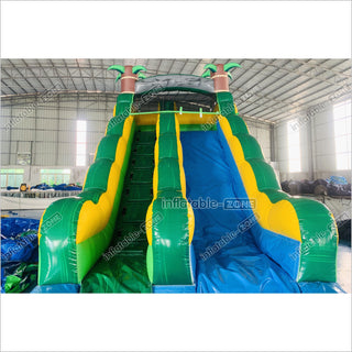 Green Inflatable Palm Tree Water Slide Tropical Rush Waterslide Pool Jump Castle Bouncy Inflatable