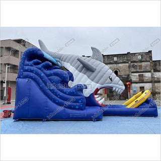 Blow Up Shark Water Slide Commercial Giant Inflatable Waterslide With Pool For Playground