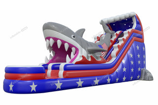 Stars And Stripes Water Slides American Flag Inflatable Shark Attack Double Lane Water Slide Swimming Pool