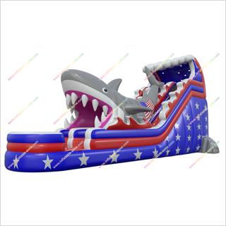 Stars And Stripes Water Slides American Flag Inflatable Shark Attack Double Lane Water Slide Swimming Pool