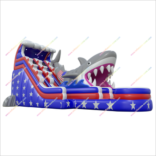 Stars And Stripes Water Slides American Flag Inflatable Shark Attack Double Lane Water Slide Swimming Pool