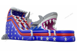 Stars And Stripes Water Slides American Flag Inflatable Shark Attack Double Lane Water Slide Swimming Pool