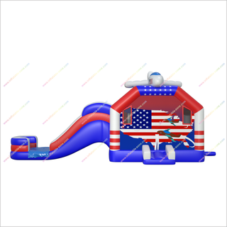 Airplane Bounce House Jumper And Water Slide Combo American Flag Stars And Stripes Inflatable Jumping Castle Slide - Inflatable-Zone