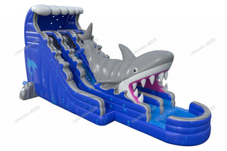 Double Lane Shark Attack Water Slide Large Outdoor Great Inflatable Shark Bouncy Waterslides With Pool