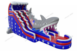 Stars And Stripes Water Slides American Flag Inflatable Shark Attack Double Lane Water Slide Swimming Pool