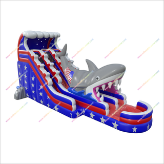 Stars And Stripes Water Slides American Flag Inflatable Shark Attack Double Lane Water Slide Swimming Pool