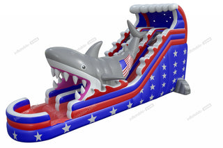 Stars And Stripes Water Slides American Flag Inflatable Shark Attack Double Lane Water Slide Swimming Pool